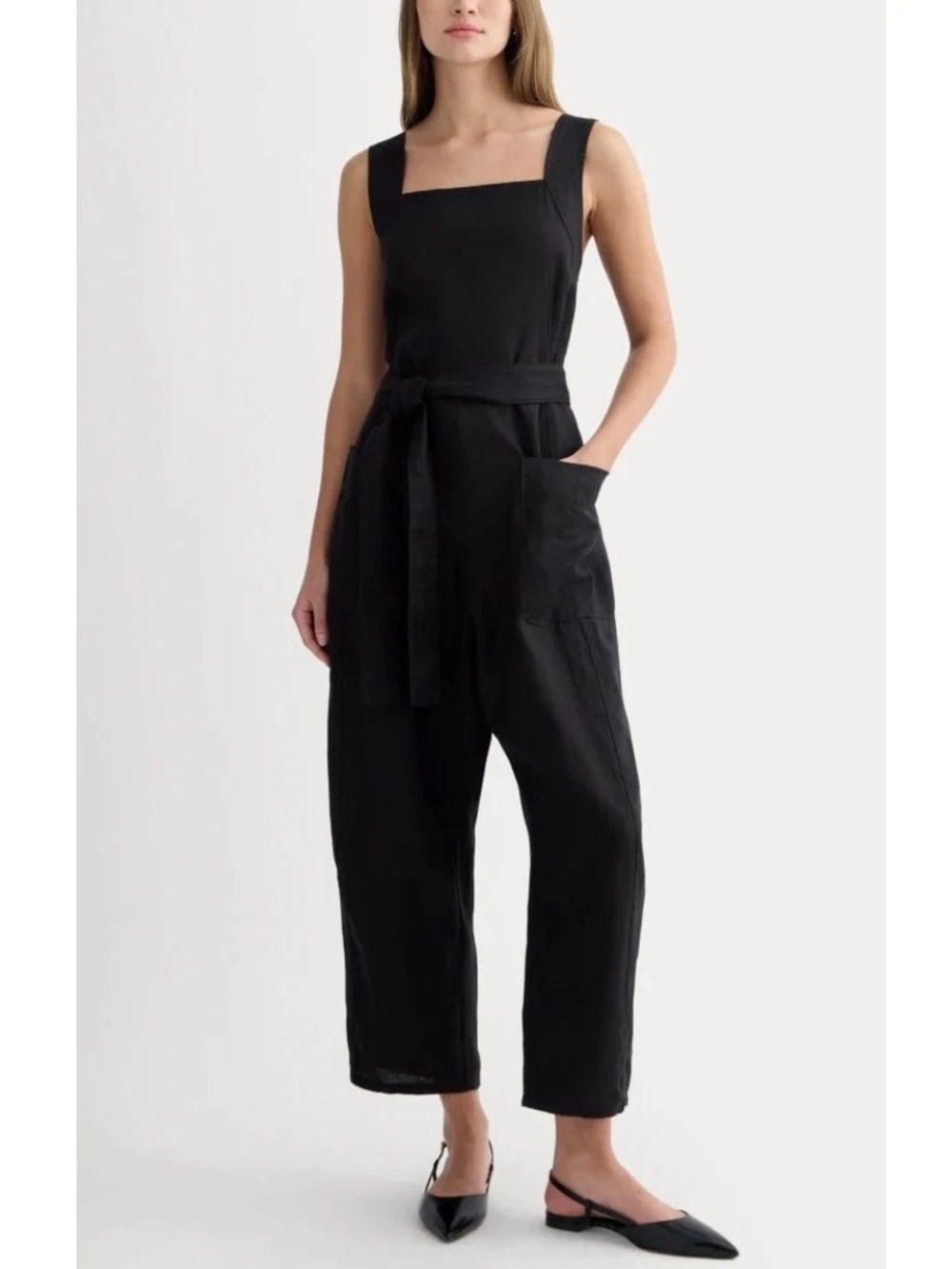 EVERLANE The Utility Linen Square-Neckline Black Romper Jumpsuit Size 6